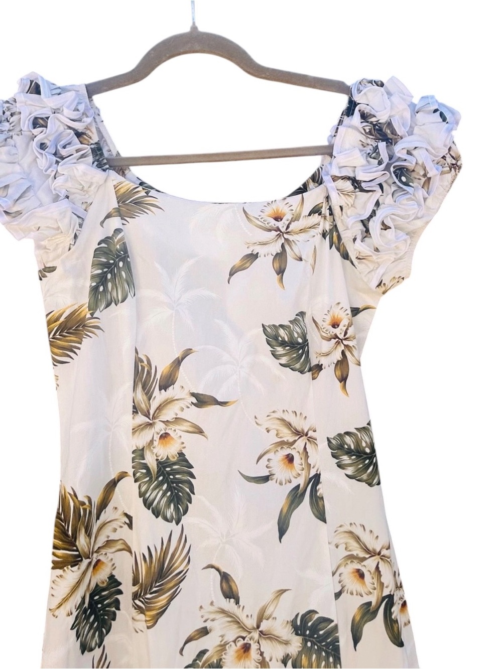 Vintage MAHALO Hawaiian Muumuu Dress White Tropical Floral Ruffle Mermaid Small - Picture 12 of 14